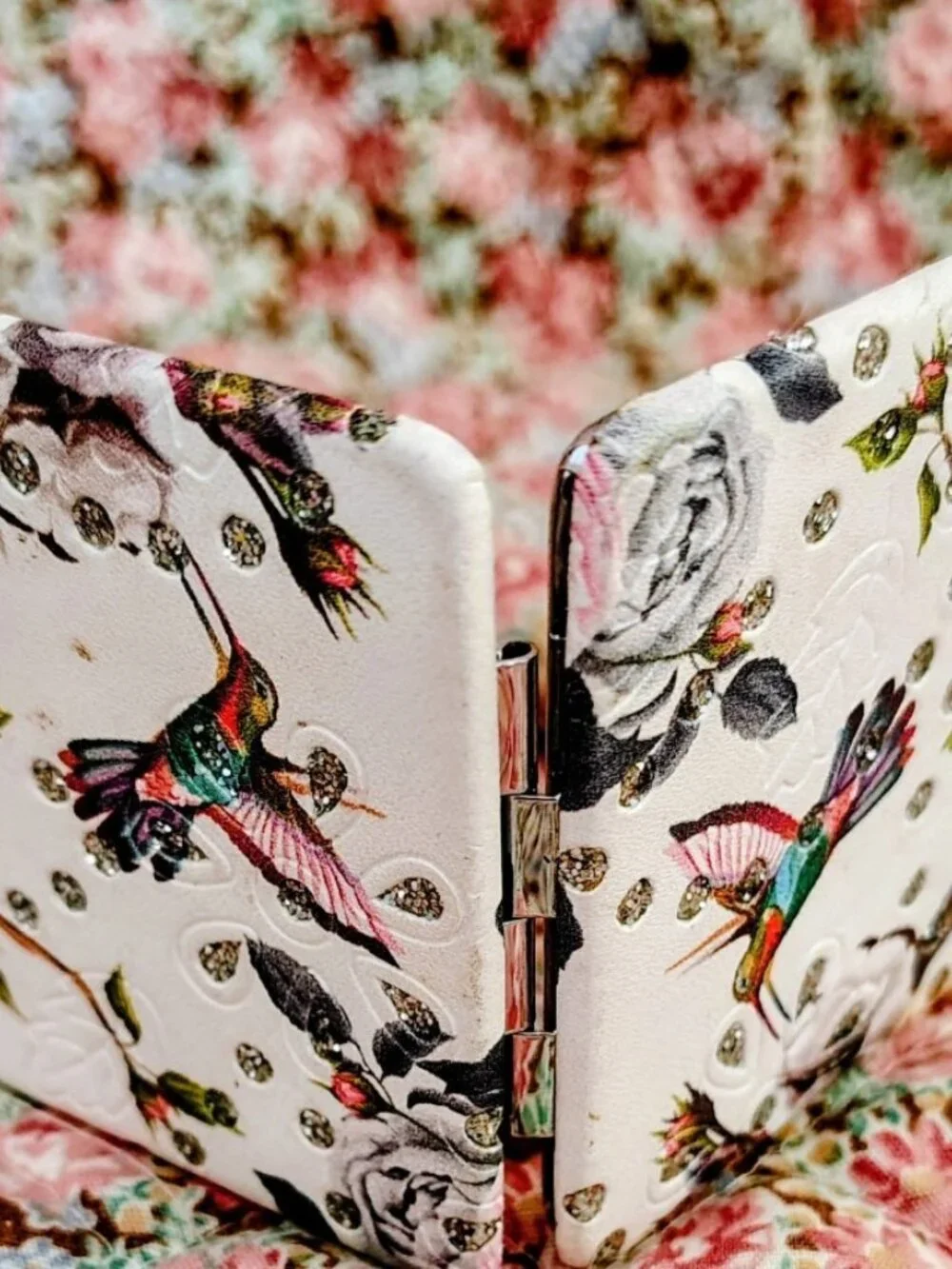 New Metal Case Hinged Pocket Mirror, Floral, Hummingbirds